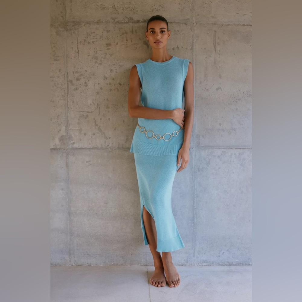 Zara Set - Light Blue Belted Knit Long Top & Midi Skirt